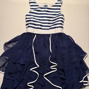 Bloome De Jeune Fille Girl's Size 12 White Navy Striped Ruffled Dressy Frilly